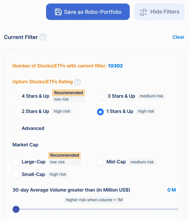 Upturn Smart Investment Filters drawer
